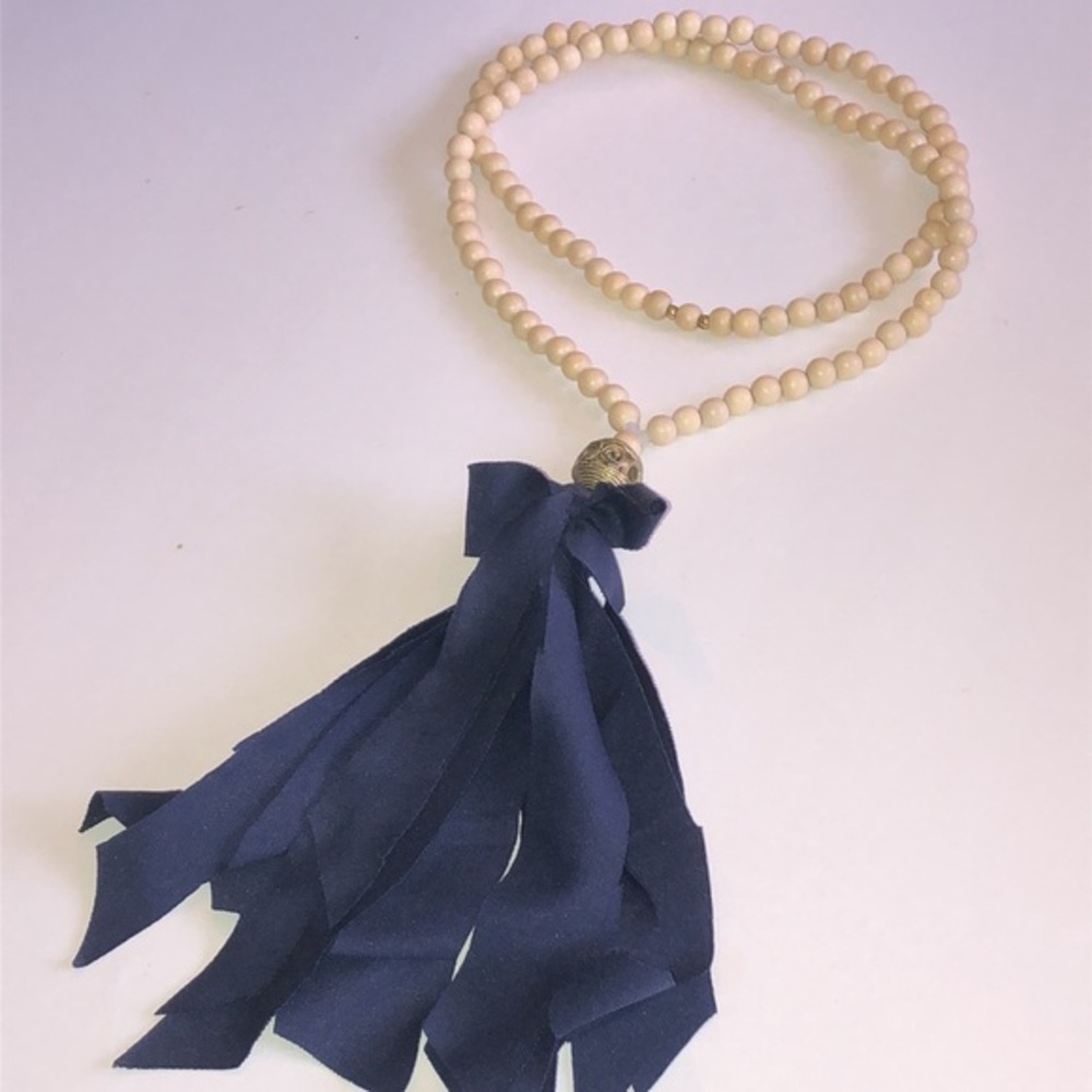 Elegant Beaded Boho Necklace with Navy Fabric Tassel